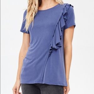 Ruffle detail shirt sleeve top, denim blue